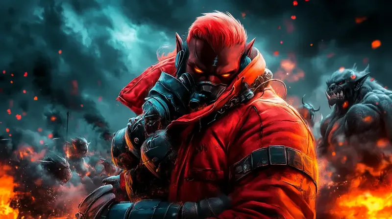 Guerreiro mascarado de armadura vermelha em pose de combate contra monstros sombrios em batalha épica flamejante