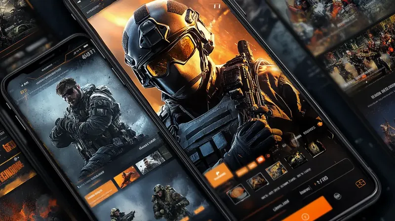 Múltiplos smartphones mostrando soldados de elite em operações táticas com interfaces militares laranja и cinza escuro