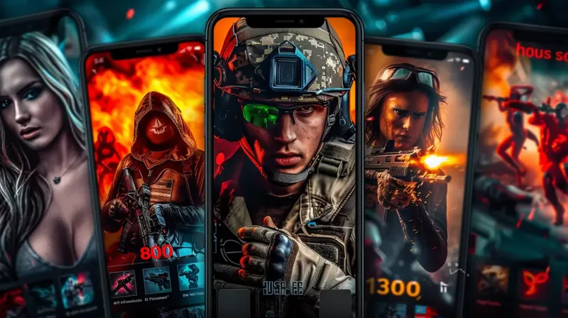 Três smartphones exibindo soldados táticos em ação com números de apostas 800 и 300 em cenário de guerra intenso