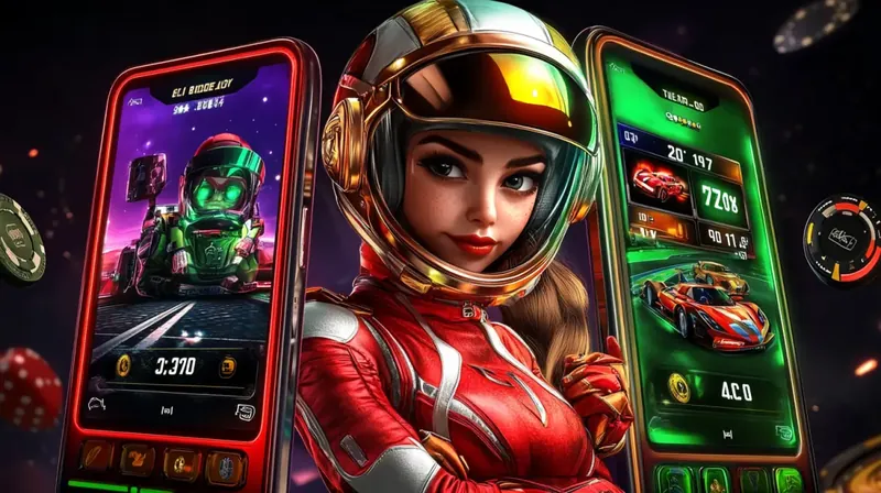App de Jogos Espaciais и Corrida Astronauta feminina de traje vermelho entre dois smartphones mostrando corridas de carros espaciais и jogos de ação