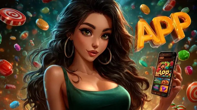 App de Casino com Fichas Coloridas Mulher morena elegante em verde segurando smartphone com app de cassino cercada por fichas coloridas e texto APP dourado