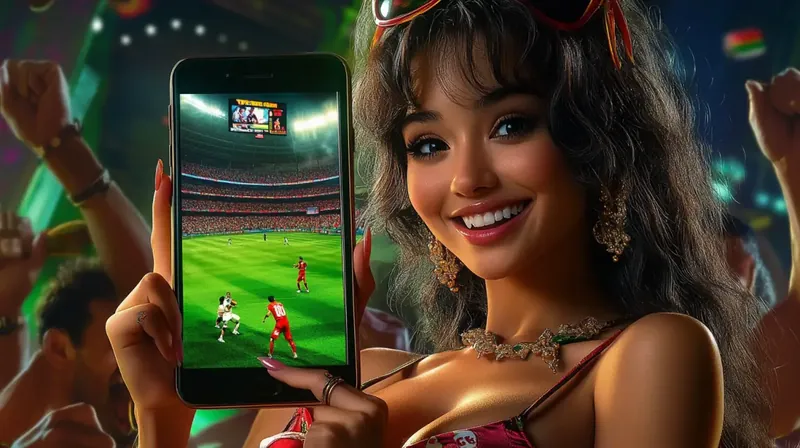 App de Apostas Esportivas Futebol Torcedora entusiasmada mostrando smartphone com jogo de futebol ao vivo em estádio lotado com multidão celebrando