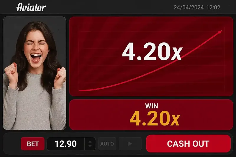 Aviator 4.20x Multiplicador Cash Out Interface do jogo Aviator mostrando multiplicador 4.20x em tela vermelha com mulher celebrando и botão Cash Out