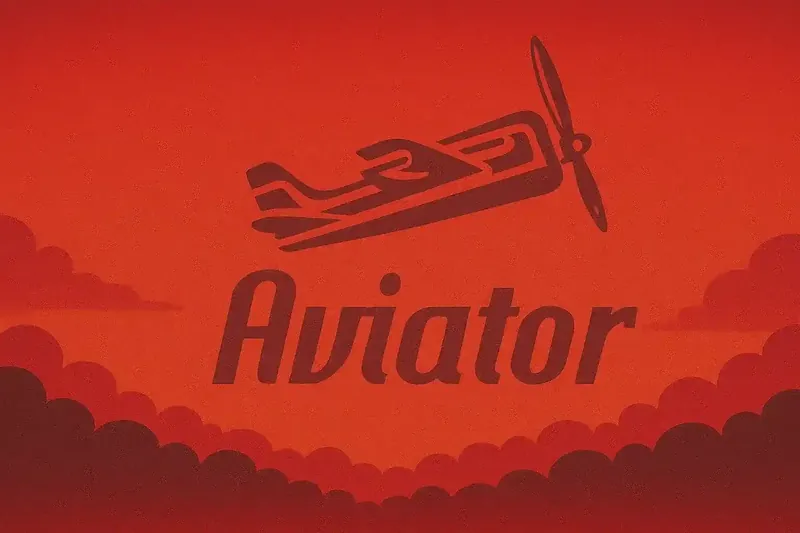 Aviator Game Logo Aviao Classico Logo Aviator com silhueta de avião biplano vintage voando contra céu vermelho dramático com nuvens ao pôr do sol