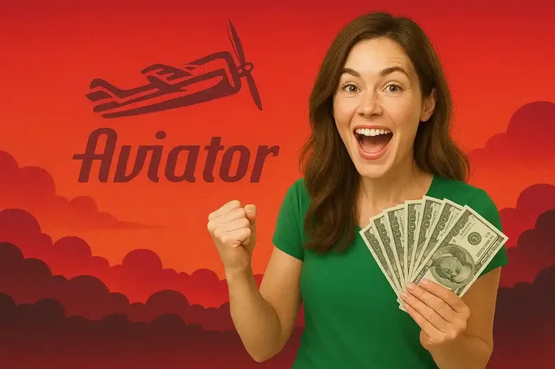 Aviator Game Vitoria com Dinheiro Mulher comemorando vitória Aviator segurando dinheiro com logo и silhueta de avião vintage vermelho em fundo laranja dramático