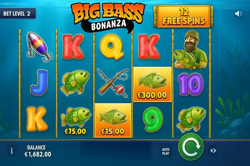 Big Bass Bonanza 12 Rodadas Gratis Tela de jogo Big Bass Bonanza mostrando símbolos de peixes, iscas и letras com banner 12 Free Spins и pescador