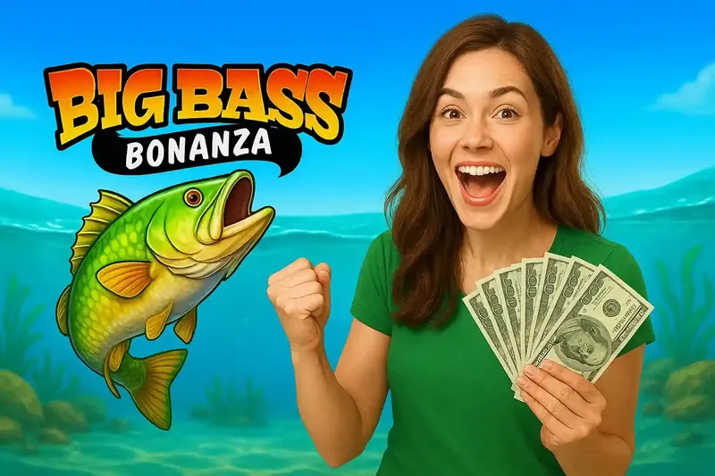 Big Bass Bonanza Vitoria com Dinheiro Mulher alegre em camisa verde segurando leque de notas de dólar celebrando ao lado de peixe bass verde com logo