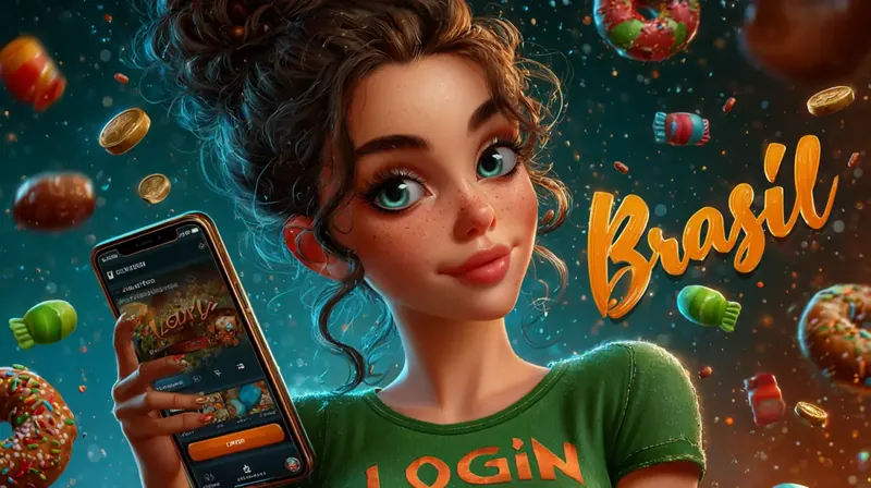 Login Casino Brasil com Bonus Garota alegre segurando smartphone com tela de login cercada por doces coloridos, donuts e moedas com texto Brasil