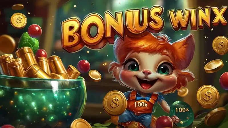 Bonus Winx Multiplicador 100x Gato vermelho animado celebrando com tigela verde e texto gigante Bonus Winx cercado por moedas e multiplicadores 100x