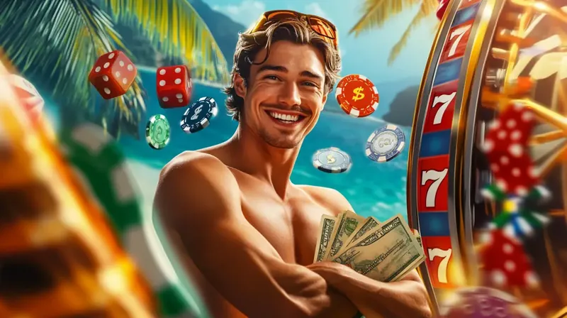 Cassino Tropical Praia com Slots 777 Homem sorridente na praia tropical com palmeiras segurando dinheiro ao lado de slot machine 777 com fichas и dados