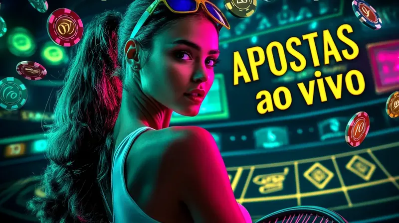 Cassino ao Vivo com Luzes Neon Mulher com óculos futuristas em iluminação neon rosa и verde olhando para mesa de cassino com texto Apostas ao Vivo