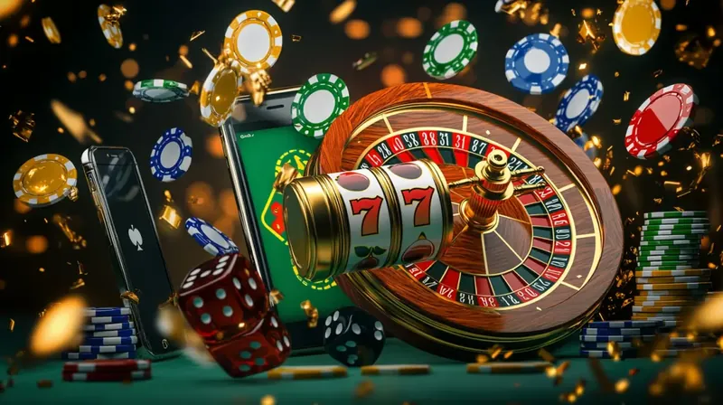 Mobile Casino Roleta и Slots Smartphone flutuando entre roleta dourada, slot machine 777 и fichas coloridas de cassino voando em ação dinâmica