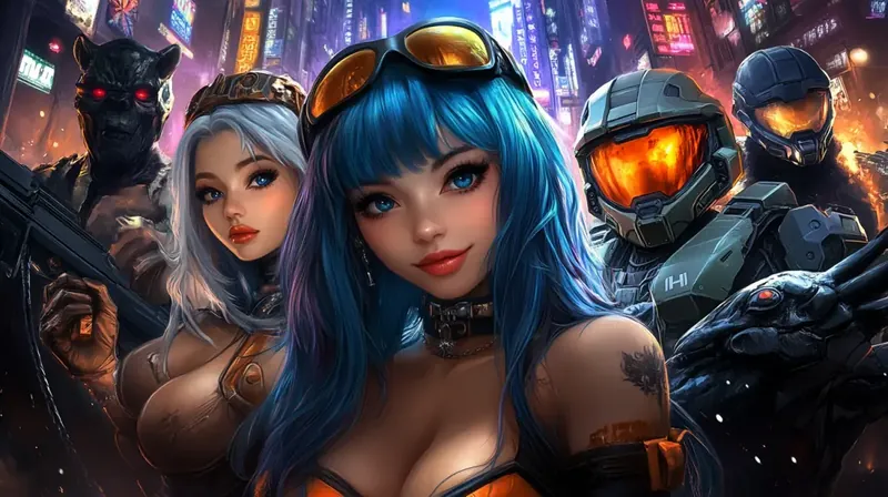 Equipe de personagens cyberpunk com mulher de cabelo azul ao centro rodeada por soldados armados em cidade neon futurista