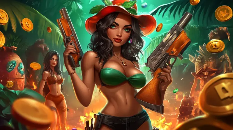 Mulheres guerreiras armadas com pistolas em cenário de selva tropical com criaturas и moedas de ouro voando