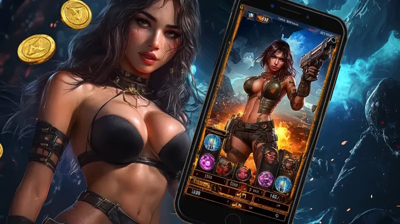Guerreira com armadura segurando smartphone mostrando slot game dark com símbolos místicos e moedas de ouro voando