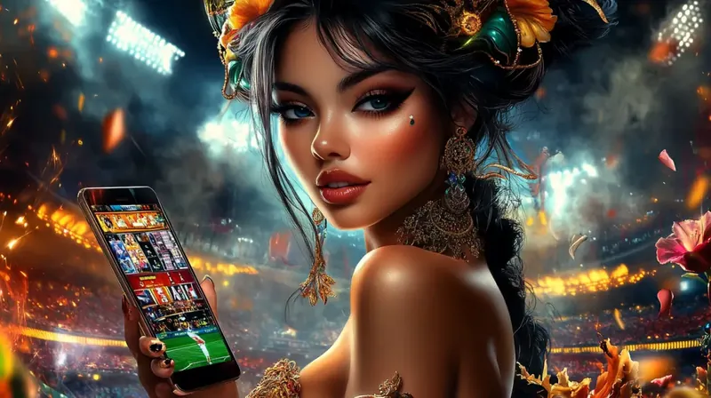 Mulher elegante com flores no cabelo segurando smartphone com jogos de cassino em estádio de futebol iluminado