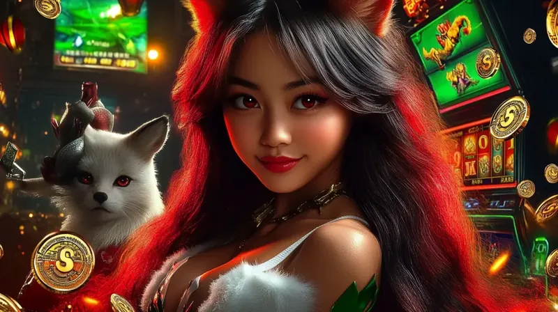 Mulher asiática sorridente com raposa branca de estimação ao lado de telas de slot machines verdes com moedas douradas