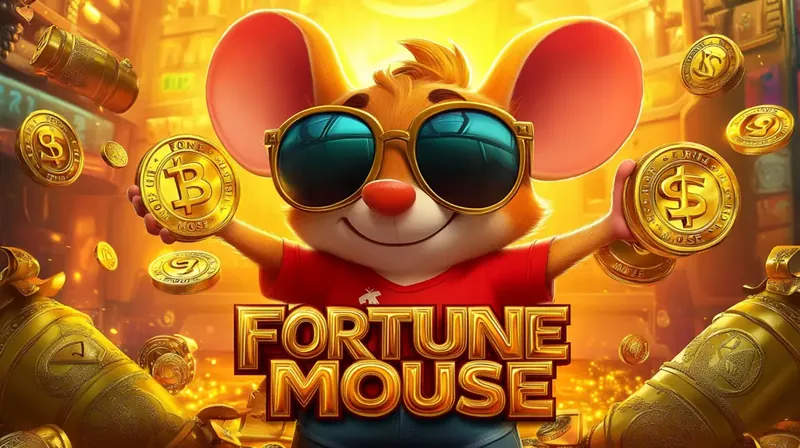 Fortune Mouse Slot com Bitcoin Rato mascote alegre usando óculos escuros segurando moedas de Bitcoin и dólar com logo Fortune Mouse dourado