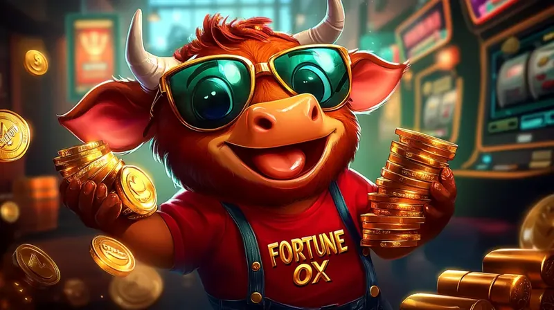 Fortune OX Slot Mascote Boi Boi vermelho animado usando óculos verdes segurando pilhas de moedas douradas em cassino com texto Fortune OX