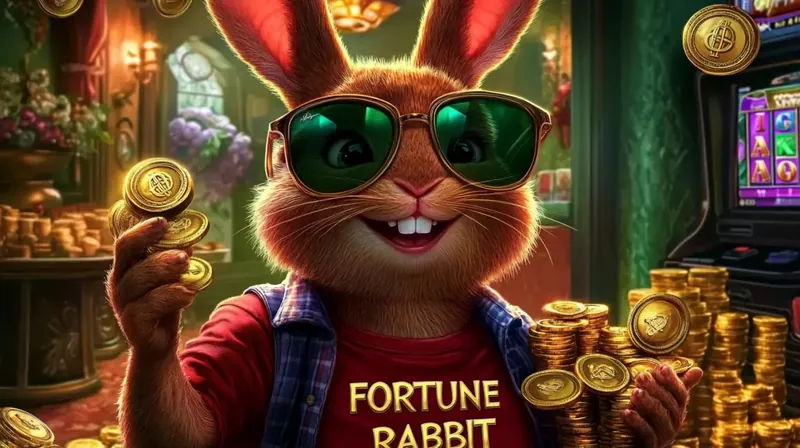 Fortune Rabbit Slot Coelho Sortudo Coelho laranja sorridente com óculos verdes segurando moedas em cassino vintage com texto Fortune Rabbit dourado
